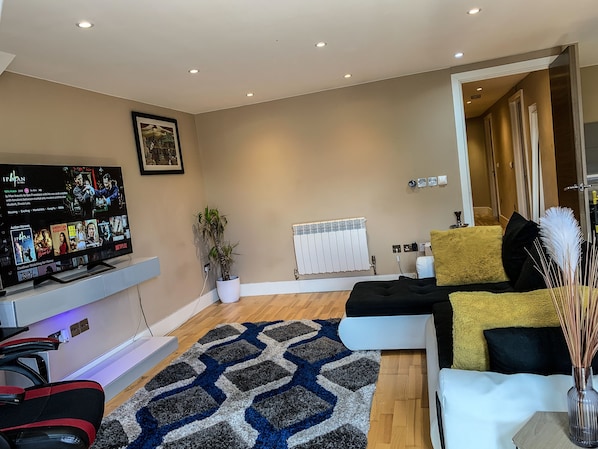 A modern living room with a flat-screen TV, a sofa, a patterned rug, and a potted plant.
