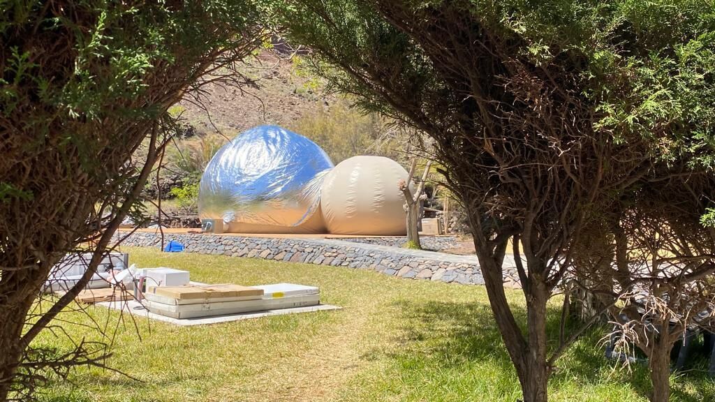 Una estructura esférica con revestimiento azul y beige, rodeada de árboles y un sendero de piedra.