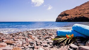 Una playa rocosa con un mar azul cristalino, una toalla azul y un arreglo floral.