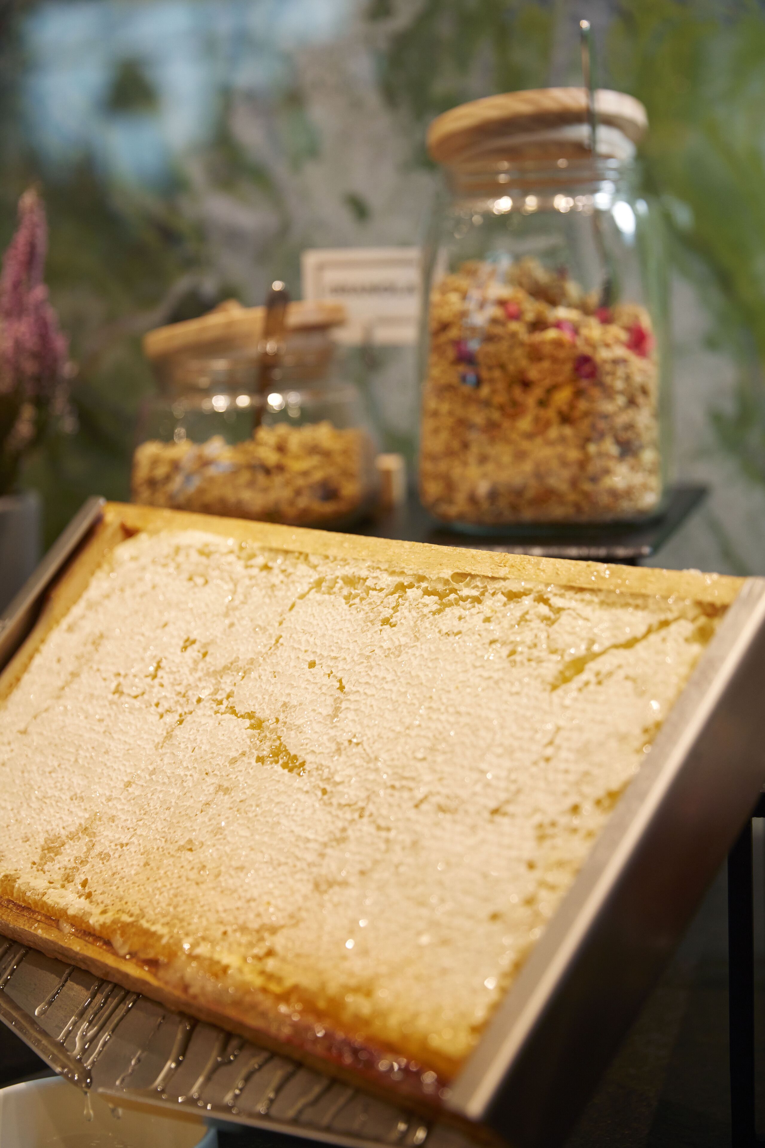 A tray of cake with a golden-brown crust, a jar of colorful granola, and a jar of honey in the background.