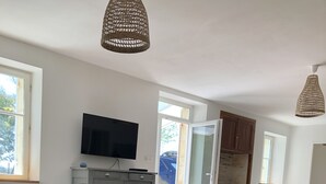 Un salon moderne avec deux fauteuils en cuir marron, un tapis gris, un téléviseur posé sur un meuble gris et un luminaire suspendu en osier.