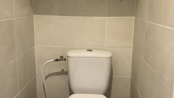 Shower, hair dryer, towels, toilet paper