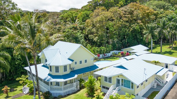 A large, multi-story house with a blue roof, surrounded by lush greenery and palm trees. - Hawaiian Dream with Pool (Pepeekeo)