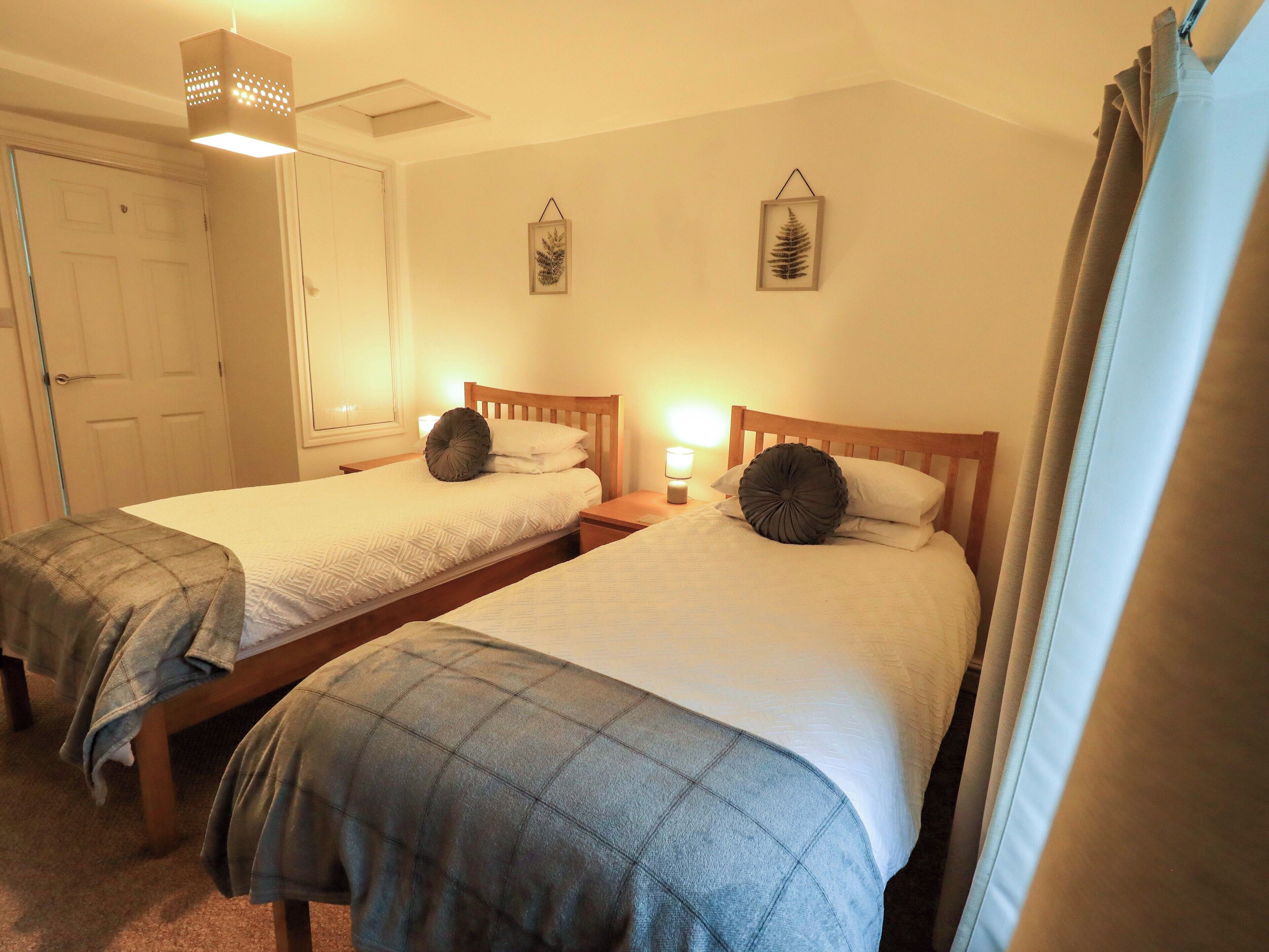 Two single beds with headboards, a nightstand with a lamp, a ceiling light, and a door.