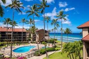 Ein Resort mit Swimmingpool, Palmen und Meerblick.