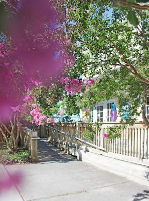 Stroll through lush gardens to a charming residential building with a vibrant mural.