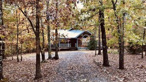 A cabin in a forest with a gravel driveway leading to a porch. - ⭐️Glory Days Cottage⭐️ Cozy/Quiet/Serene🏡 (Mentone)