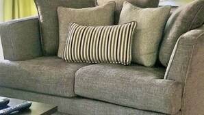A living room with a grey sofa, a striped pillow, and a plant on the table.