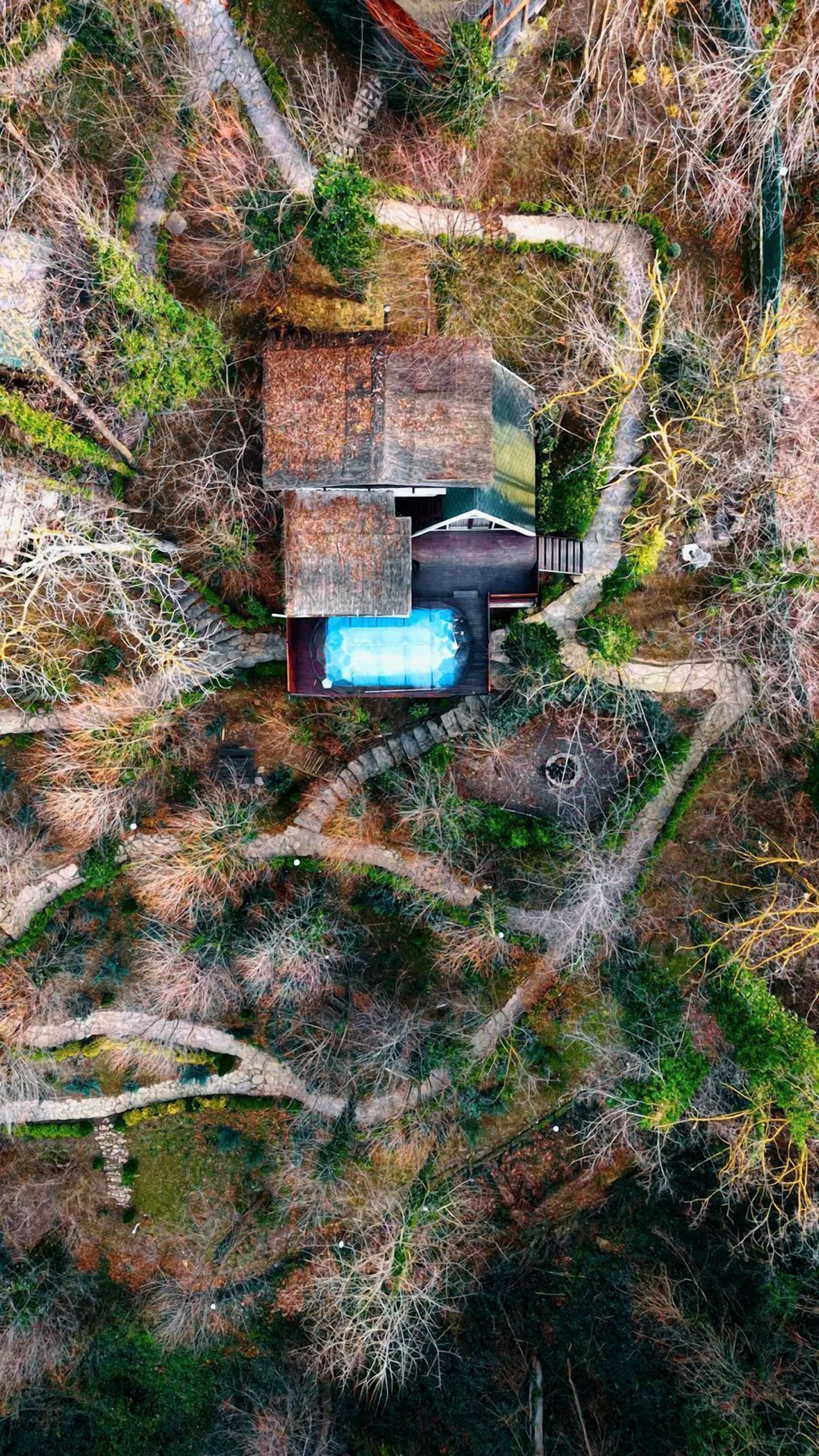 An aerial view of a rustic cabin with a hot tub, surrounded by dense vegetation and a stone pathway.