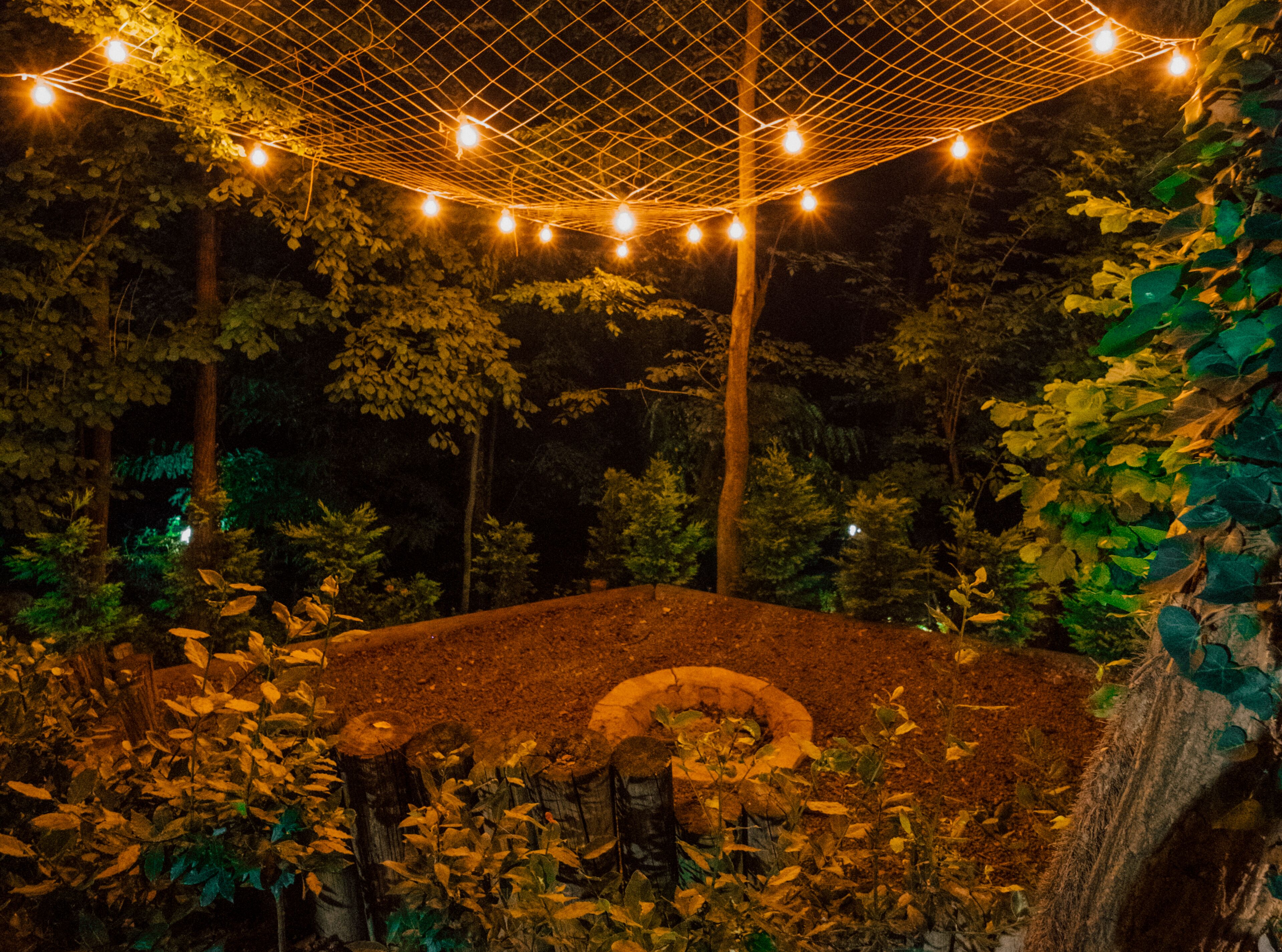 A garden area with a circular seating arrangement surrounded by trees and foliage, under a netted canopy with string lights.