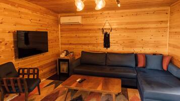 A cozy cabin interior with a wooden interior, a sofa, a television, and a coffee table.