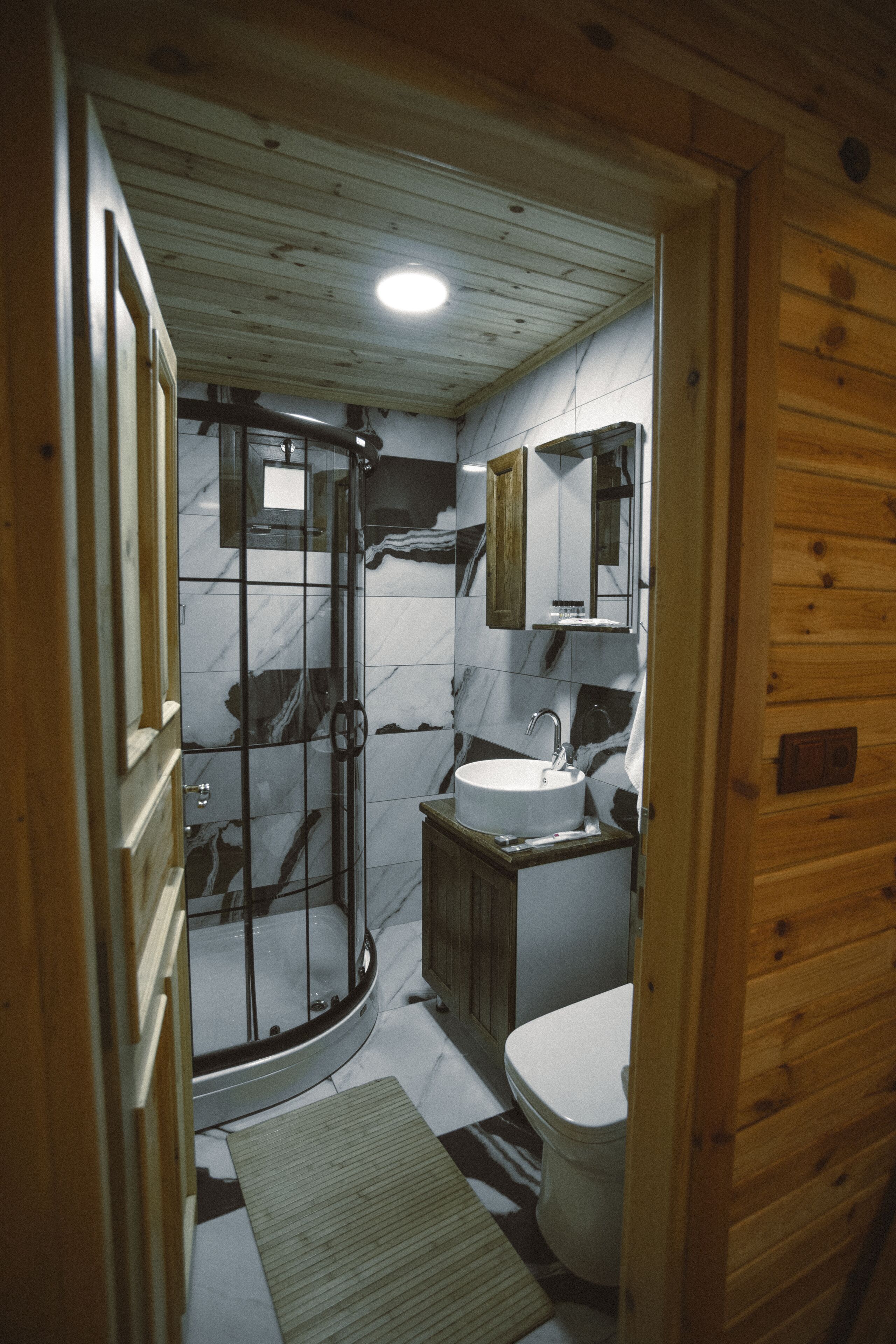 A wooden cabin bathroom with a glass shower enclosure, a sink, and a toilet.