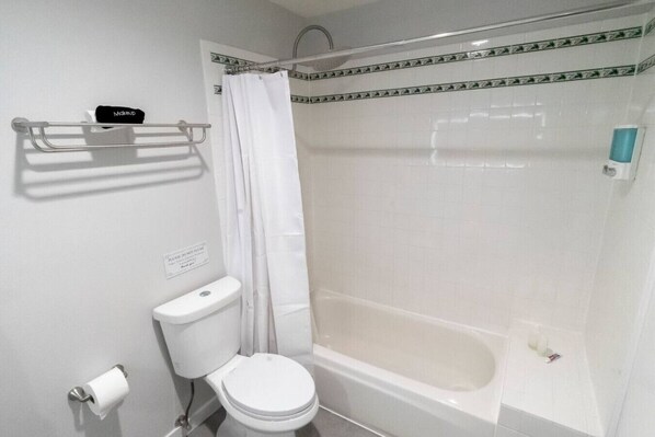 Une salle de bain comprenant des toilettes, une douche avec un rideau et une baignoire.