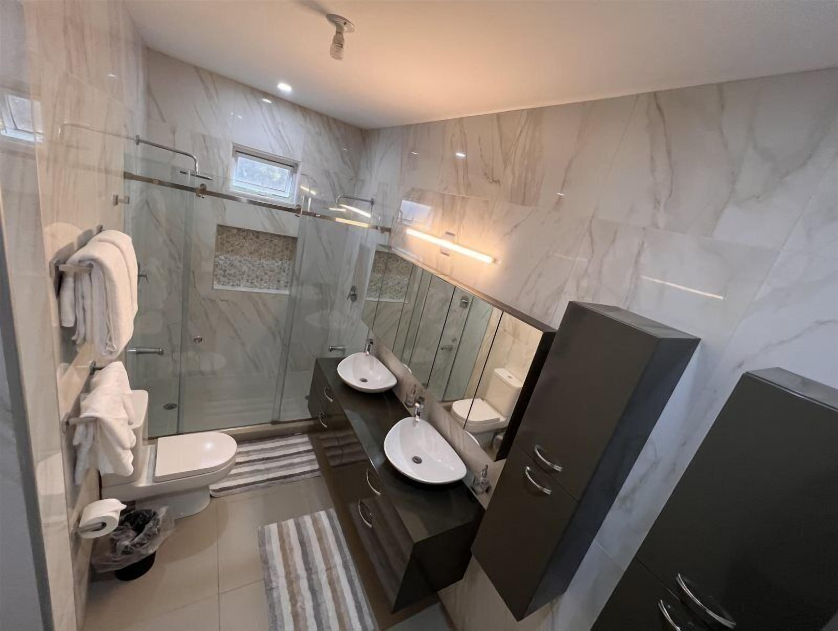 A modern bathroom with a glass-enclosed shower, two sinks, a toilet, and a vanity with a mirror.