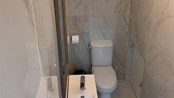 Bathroom features a pedestal sink, toilet, and mirror with a wooden frame, set against a backdrop of marble tiles and a striped rug.