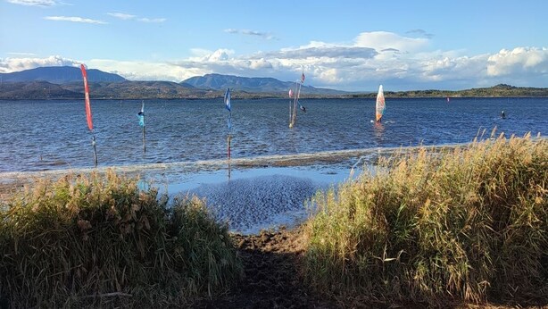 A calm lake with several windsurfing boards and a sailboat. - L'équinoxe - Charmant logement 150m de la plage (Leucate)