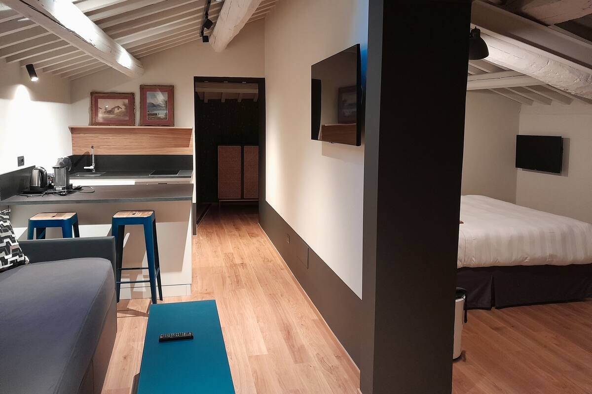 A compact hotel room with a kitchenette, a bed, a seating area with a blue mat, and a TV mounted on the wall.