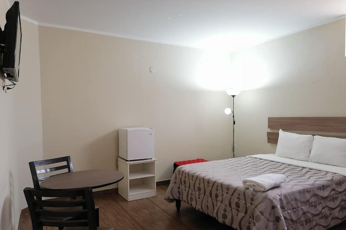 Een hotelkamer met een bed, een bureau, een stoel, een kleine koelkast en een bedlamp.