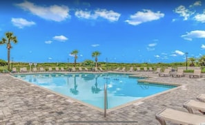 Relax by the pool surrounded by palm trees and lounge chairs.