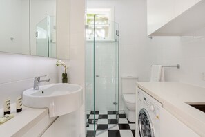 Shower, hair dryer, towels