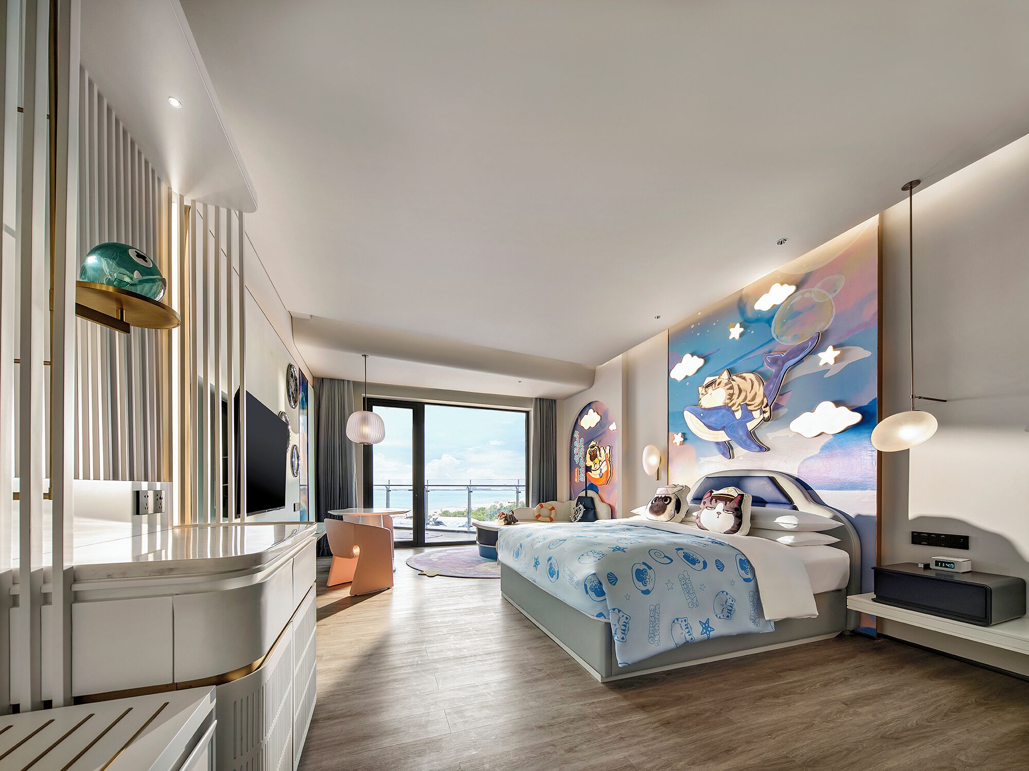 A modern hotel room with a large bed, a desk, a chair, and a view of the outdoors.