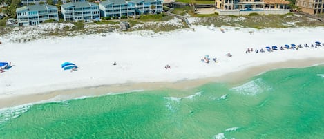 On the beach, sun loungers