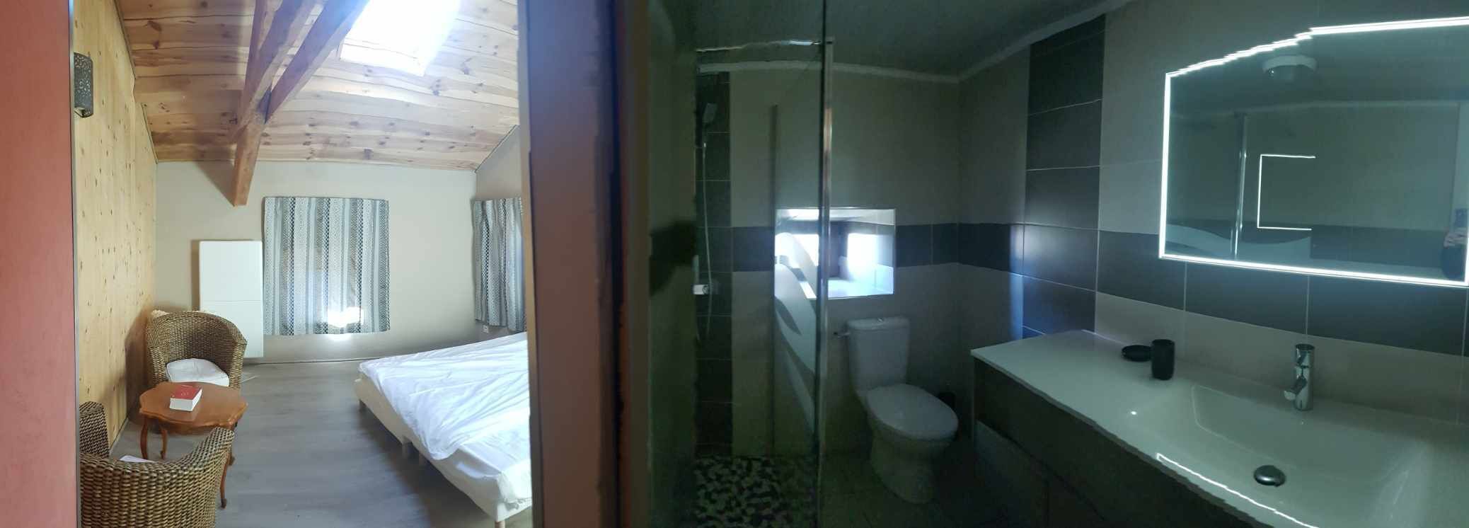 Et soveværelse med en seng, en fletstol og et lille bord. Badeværelset har et brusekabine i glas, et toilet og en vask med spejl.