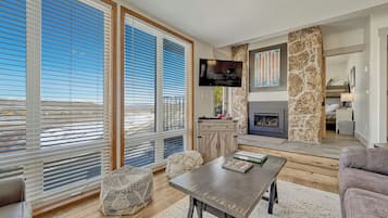 Smart TV, chimenea, reproductor de DVD y libros