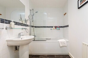 Bathtub, hair dryer, shampoo