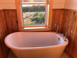 Bathtub, hair dryer, towels, soap