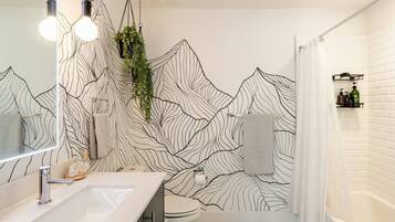 Combined shower/tub, hair dryer, bidet, towels