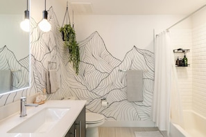 Combined shower/tub, hair dryer, bidet, towels