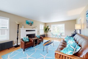 Televisión, chimenea, reproductor de DVD y libros 