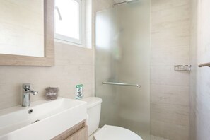 Shower, hair dryer, towels, soap