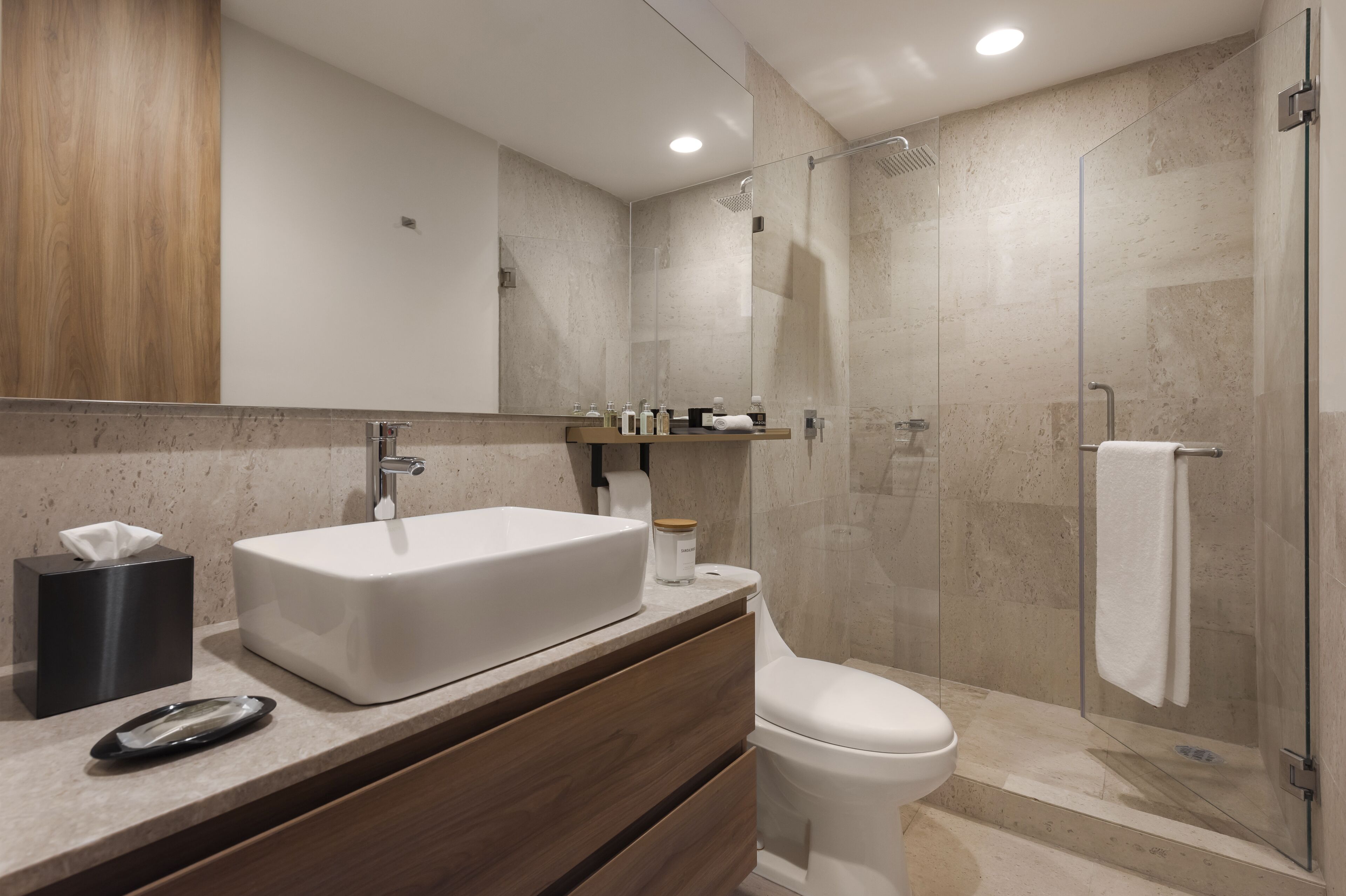 Shower, rainfall showerhead, free toiletries, hair dryer
