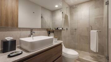 Shower, rainfall showerhead, free toiletries, hair dryer