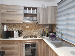 Frigorífico, microondas, horno y placa de cocina
