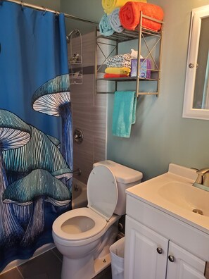 Combined shower/bathtub, hair dryer, towels, soap