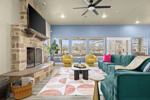 Smart TV, fireplace, foosball, table tennis