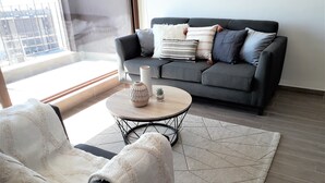 A modern living room with a grey sofa, a round coffee table, and a patterned rug.
