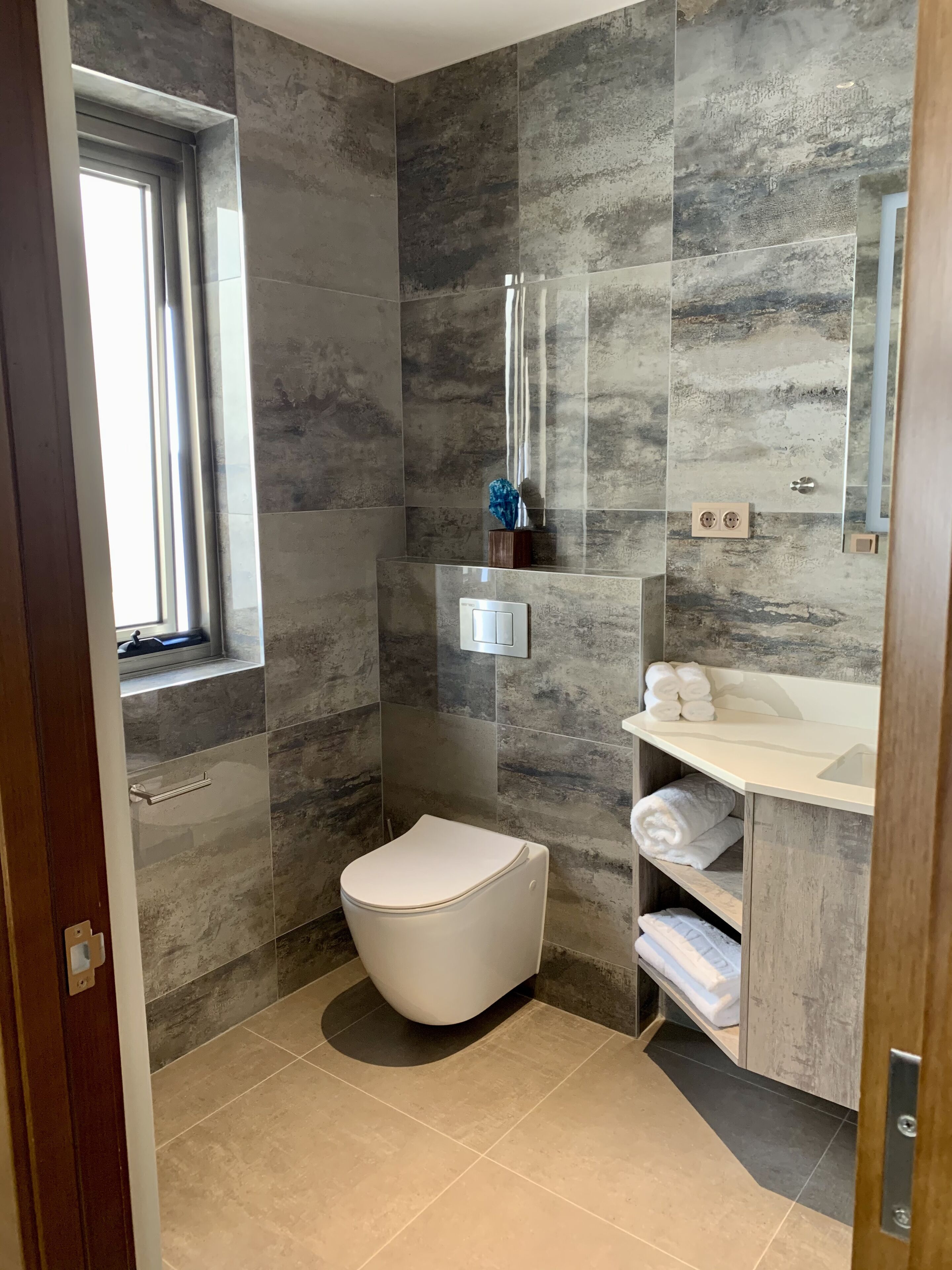 A modern bathroom with a toilet, a sink, and a shower area.