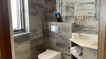 A modern bathroom with a toilet, a sink, and a shower area.