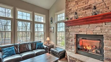 Smart TV, fireplace, books