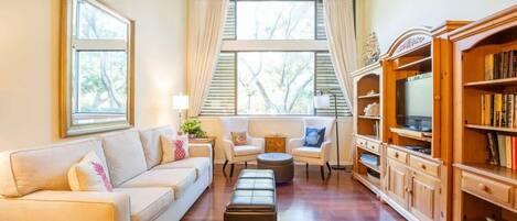 Televisión, libros y oficina