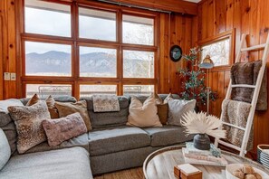 Smart TV, chimenea, libros, videoteca