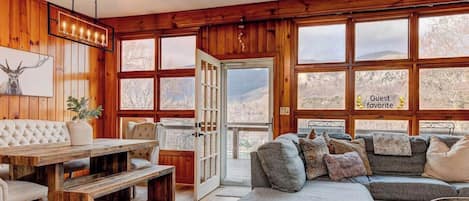 Smart TV, fireplace, books, video library