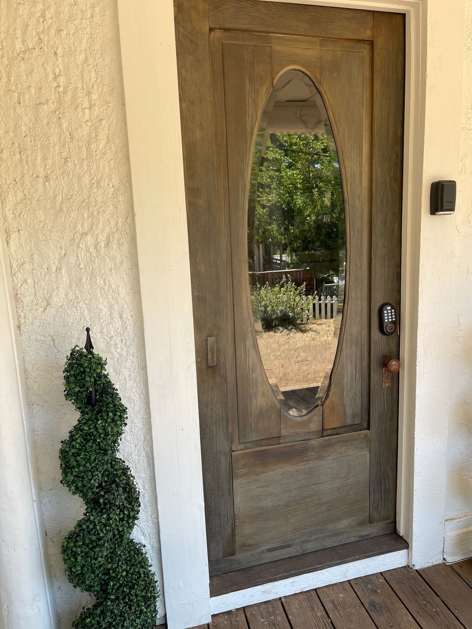 Una puerta principal de madera con un panel de vidrio, una planta pequeña en maceta y un timbre.