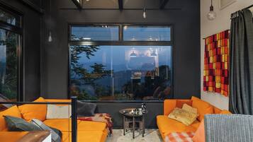 Smart TV, fireplace, books