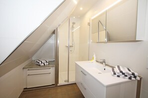 Shower, hair dryer, towels