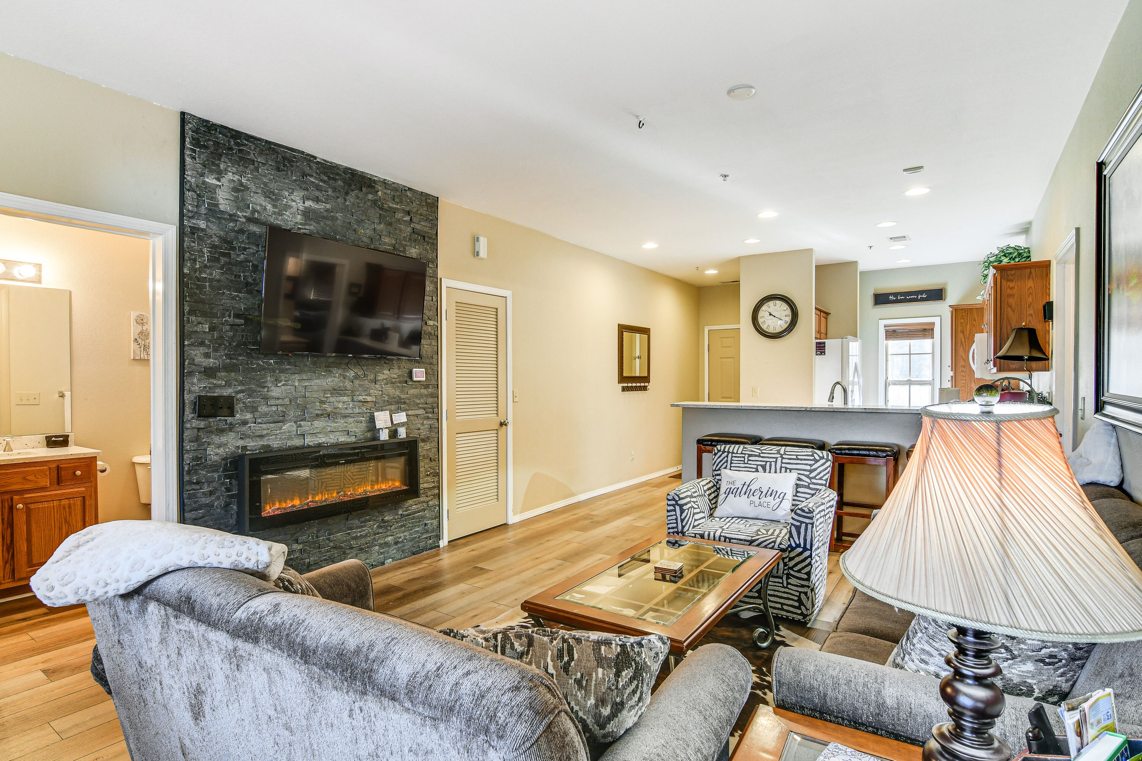 TV, fireplace, books